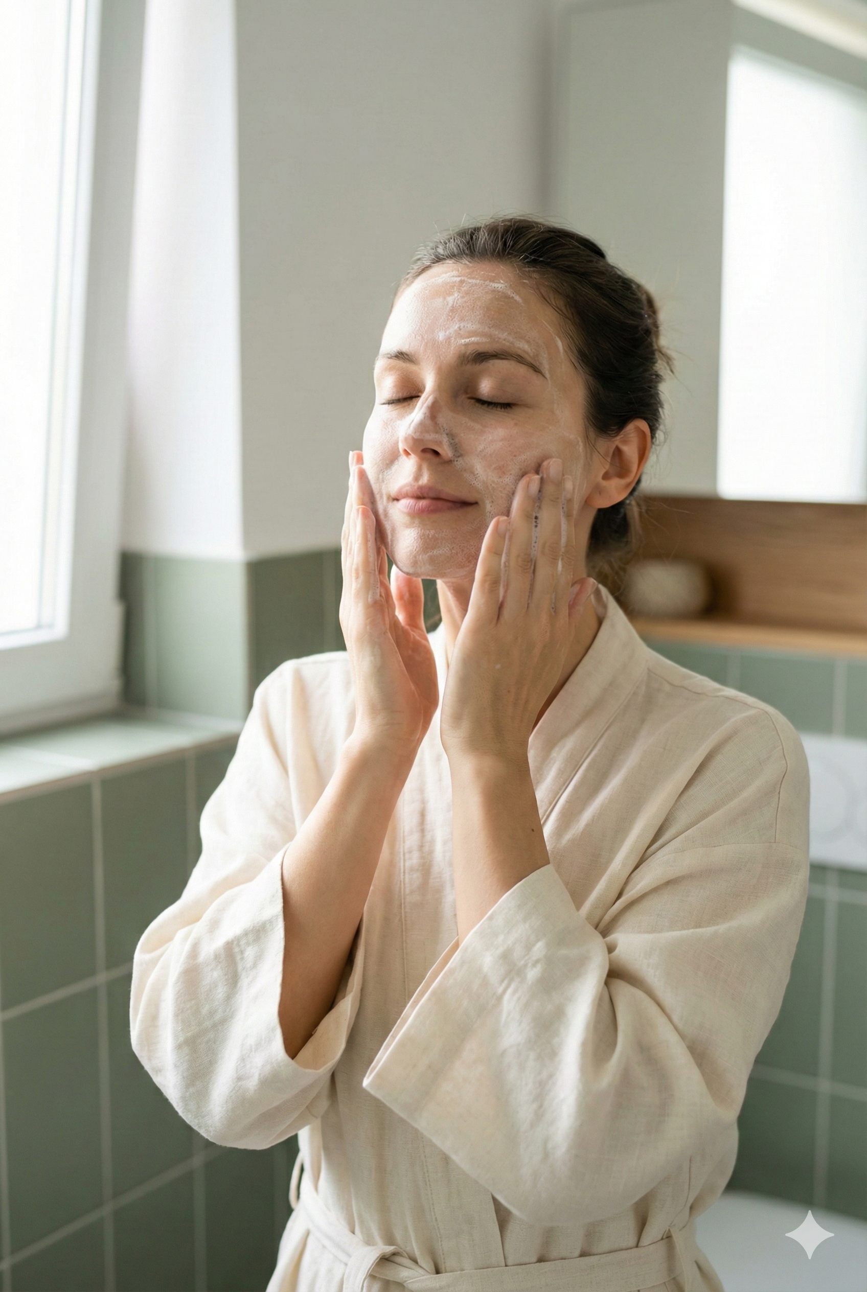 Woman cleansing face with foamy cleanser